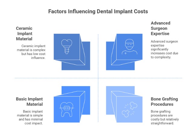 Illustration of the factors that affect dental implant pricing. What Factors Change the Cost of a Dental Implant?